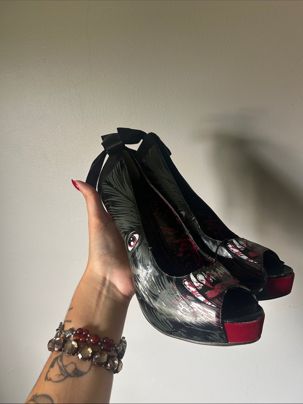Iron Fist Black Heels with Red Accent and Graphic Monster Print